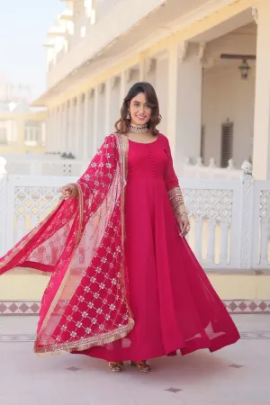 Pink Faux Blooming Gown with Dupatta Featuring Attractive Embroidered Sequins Work and Lace Border