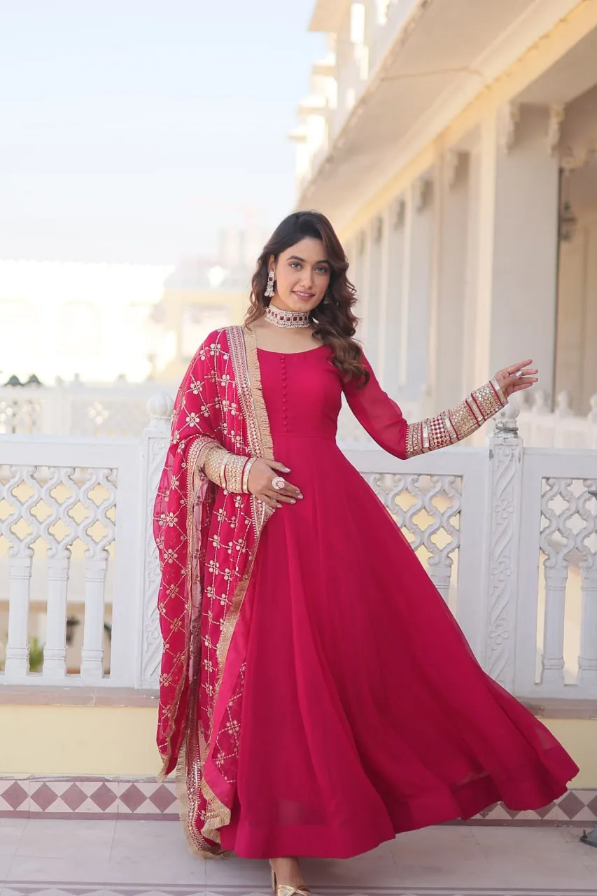 Pink Faux Blooming Gown with Dupatta Featuring Attractive Embroidered Sequins Work and Lace Border