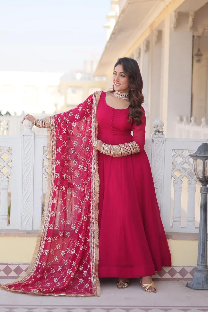 Pink Faux Blooming Gown with Dupatta Featuring Attractive Embroidered Sequins Work and Lace Border