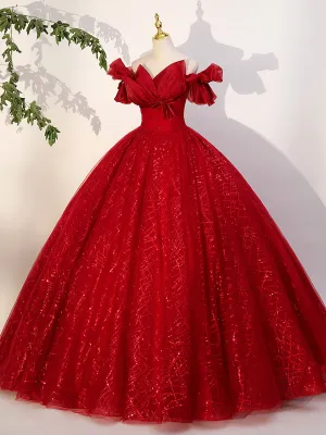 Red Tulle Long A-Line Ball Gown Red Off Shoulder Formal Dress