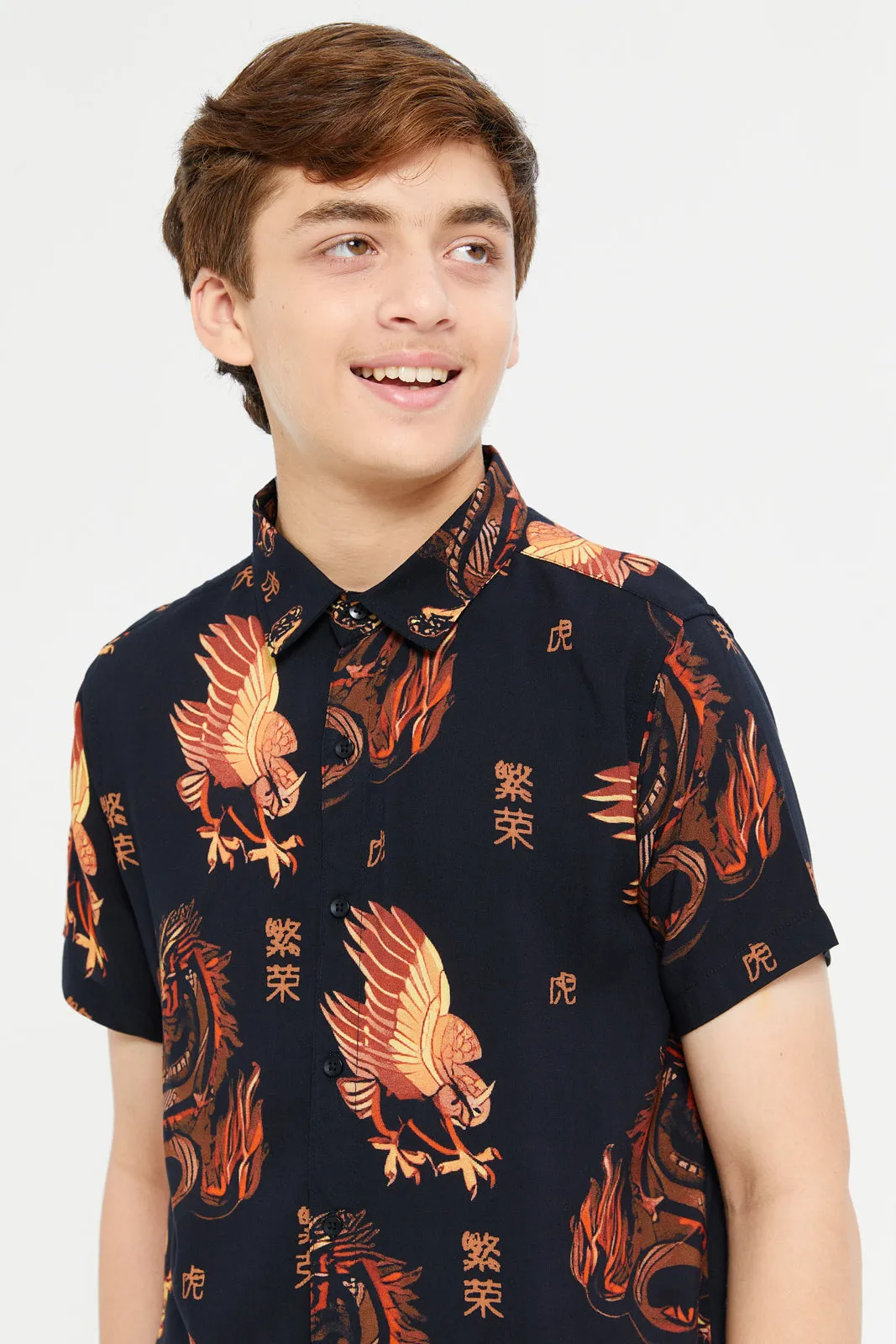 Senior Boys Black Printed Shirt