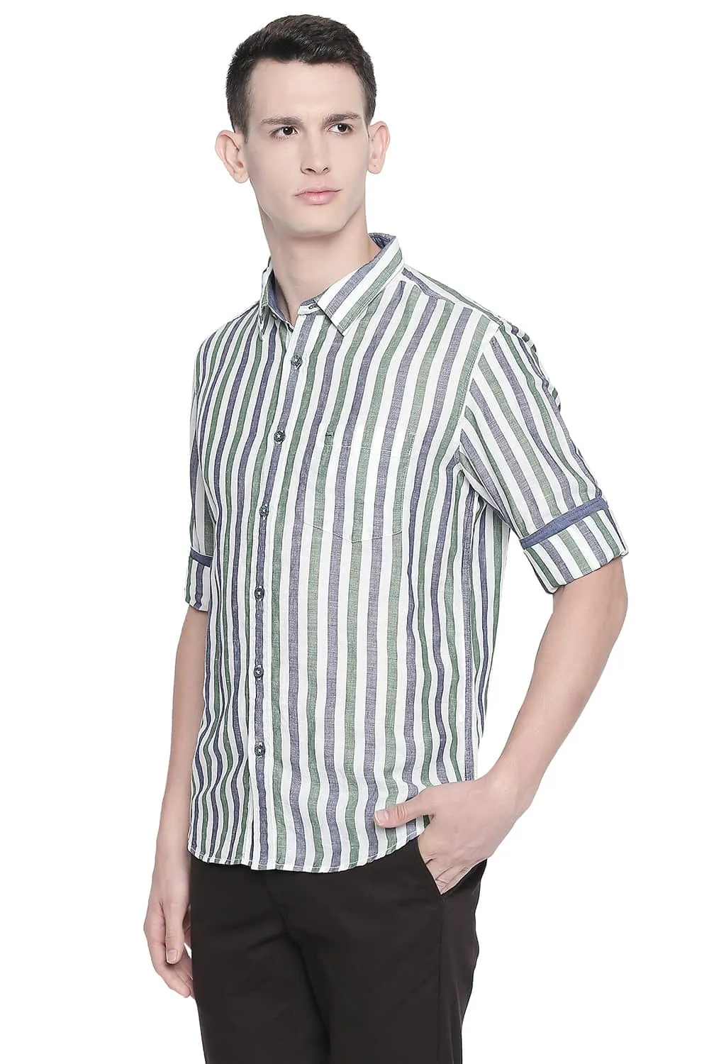 Slim Fit Cotton Linen Stripes Shirt