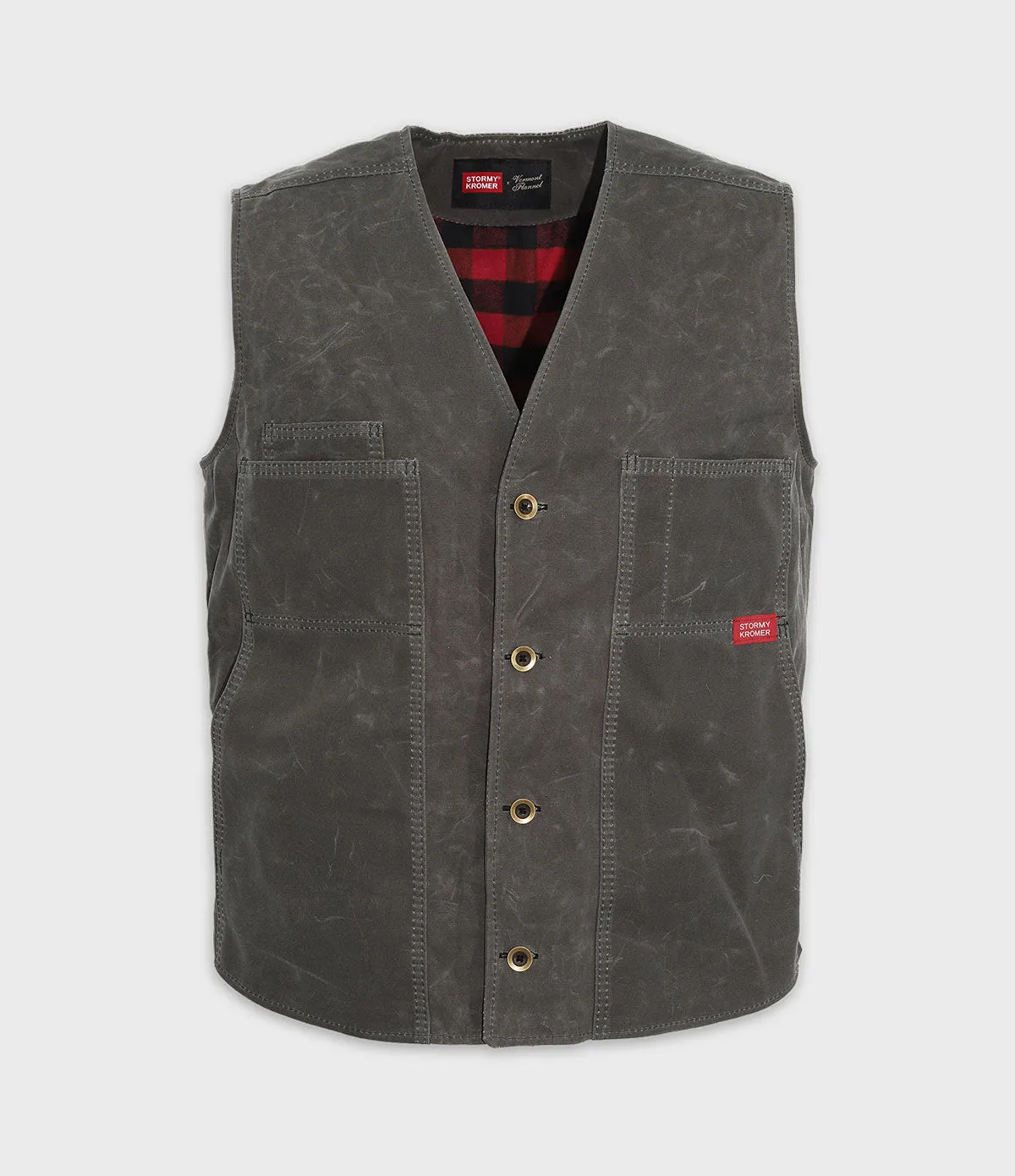 Stormy Kromer Flannel Lined Waxed Canvas Vest - Charcoal & Red Buffalo