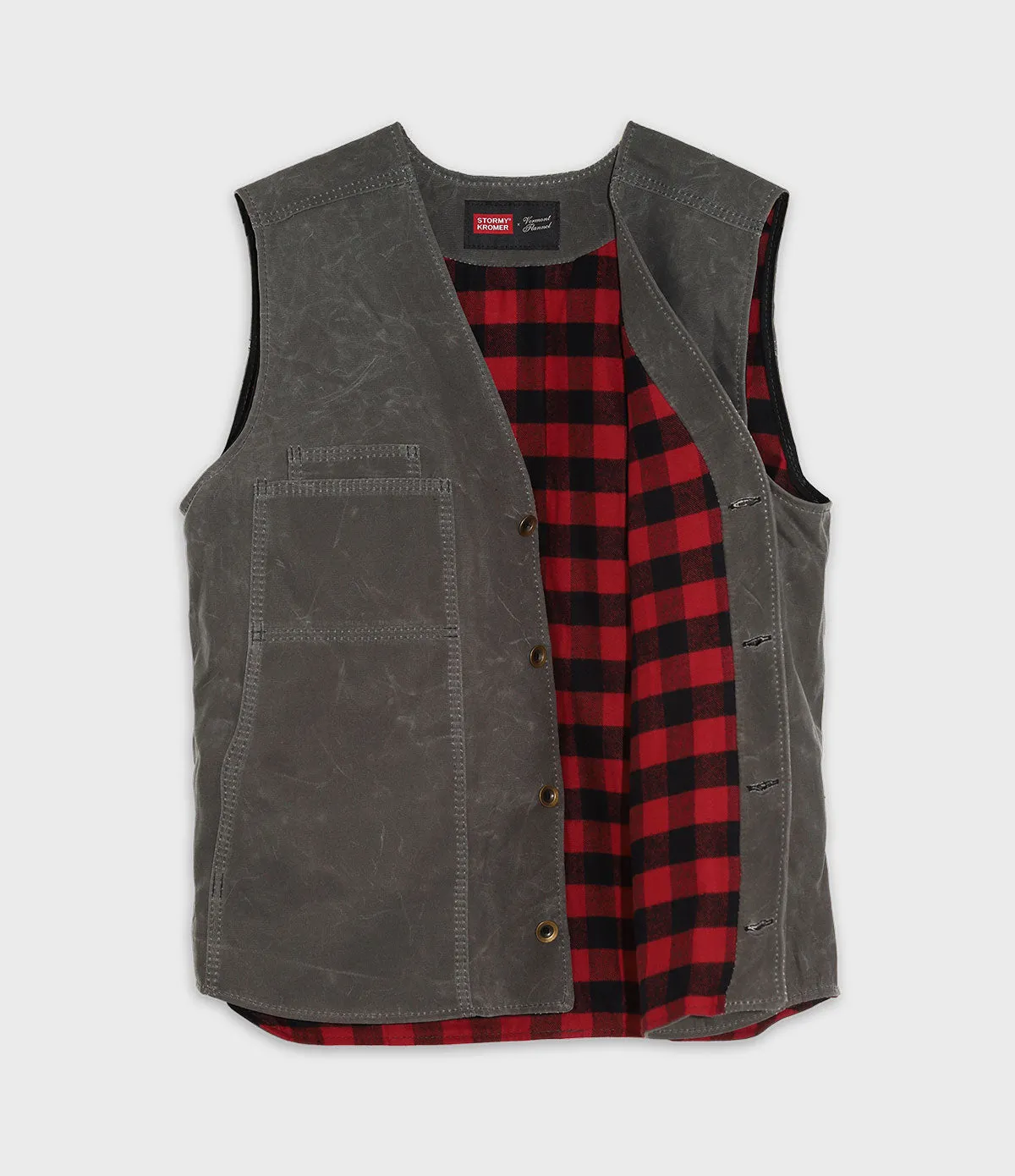 Stormy Kromer Flannel Lined Waxed Canvas Vest - Charcoal & Red Buffalo