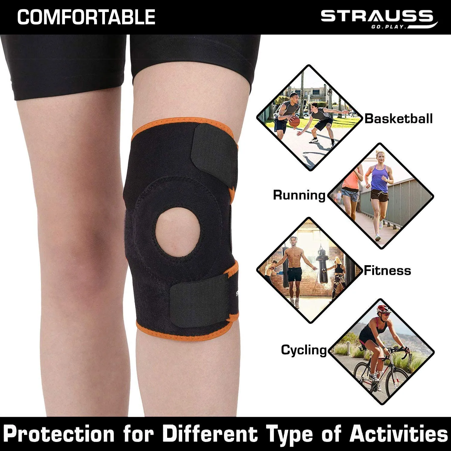 Strauss Adjustable Knee Support Patella, (Black/Orange) with Face Protection Mask, Non Vent, Medium, (Grey)