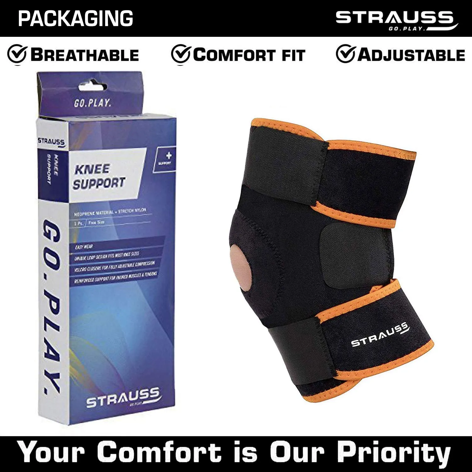 Strauss Adjustable Knee Support Patella, (Black/Orange) with Face Protection Mask, Non Vent, Medium, (Grey)