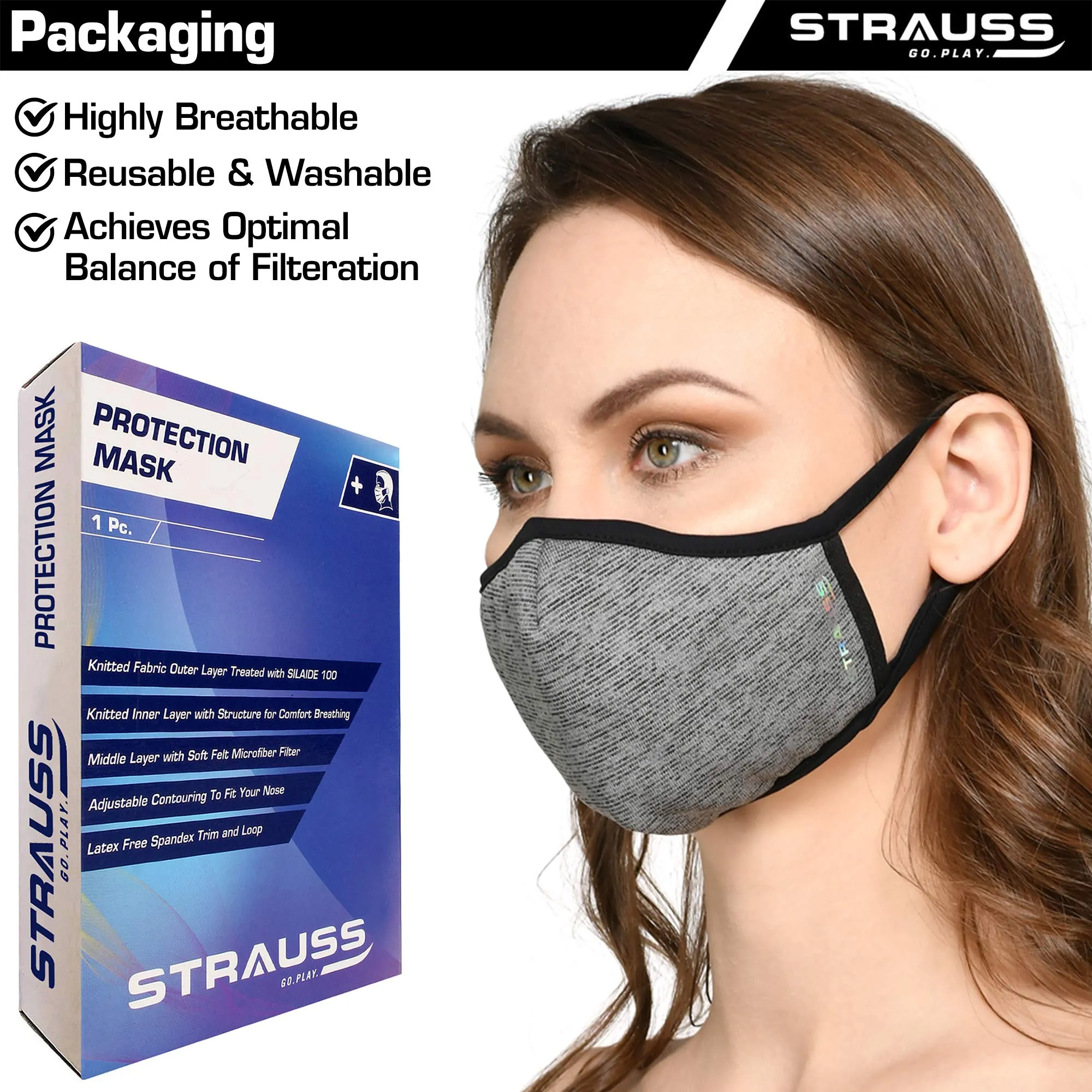 Strauss Adjustable Knee Support Patella, (Black/Orange) with Face Protection Mask, Non Vent, Medium, (Grey)