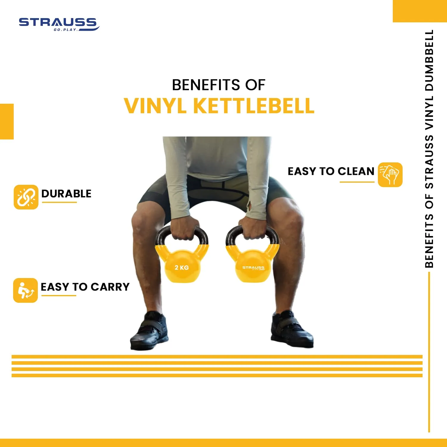 Strauss Premium Vinyl Kettlebell Weight for Men & Women | 12 Kg | Ideal for Home Workout, Yoga, Pilates, Gym Exercises | Non-Slip, Easy to Hold, Scratch Resistant (Yellow)