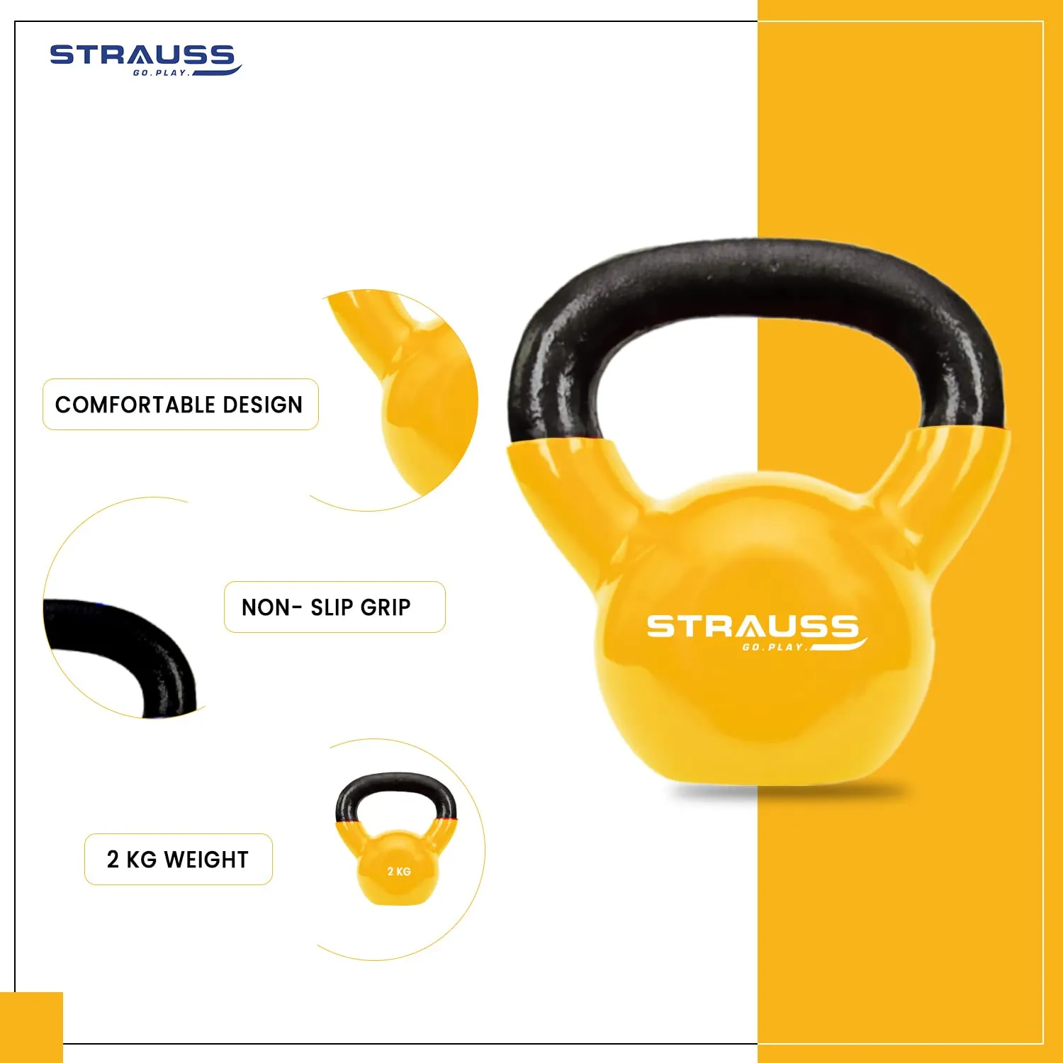 Strauss Premium Vinyl Kettlebell Weight for Men & Women | 12 Kg | Ideal for Home Workout, Yoga, Pilates, Gym Exercises | Non-Slip, Easy to Hold, Scratch Resistant (Yellow)