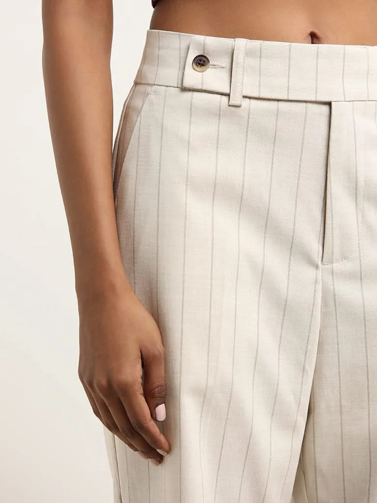 Wardrobe Beige Stripe Pattern High-Rise Trousers