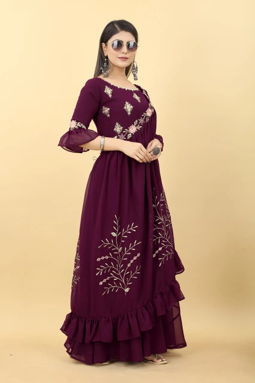 Wedding Attire: Long Wine Gown with Matching Shrug