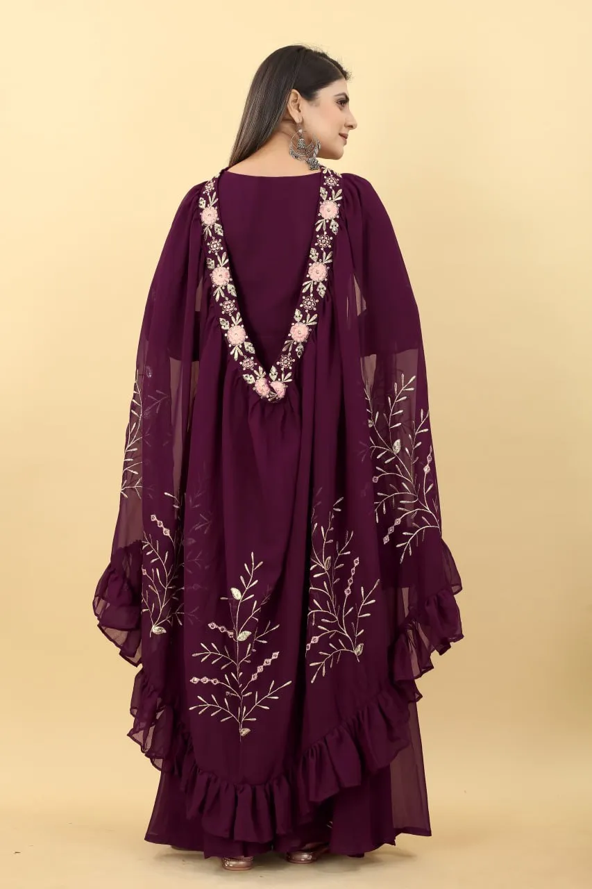 Wedding Attire: Long Wine Gown with Matching Shrug