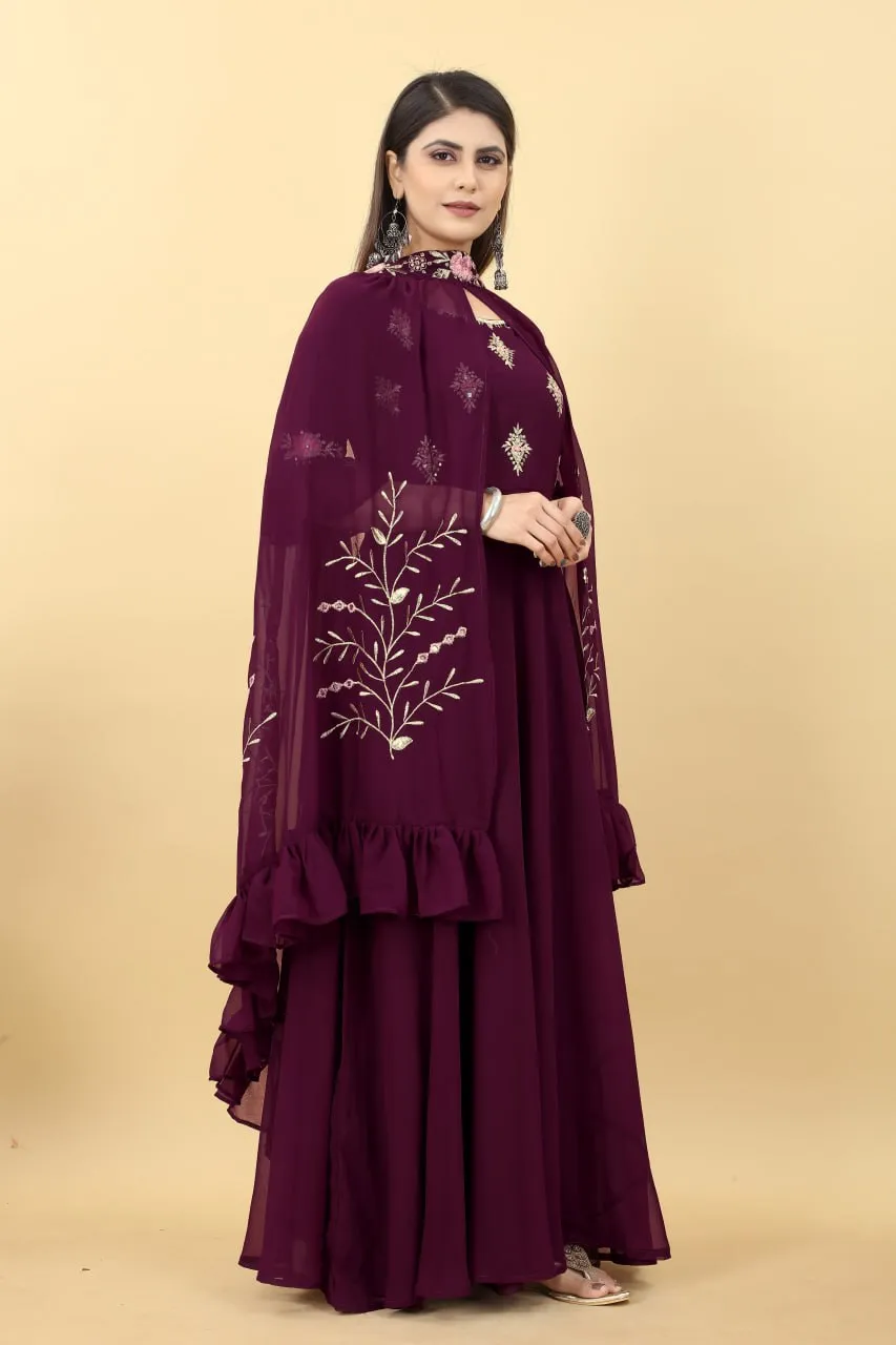 Wedding Attire: Long Wine Gown with Matching Shrug