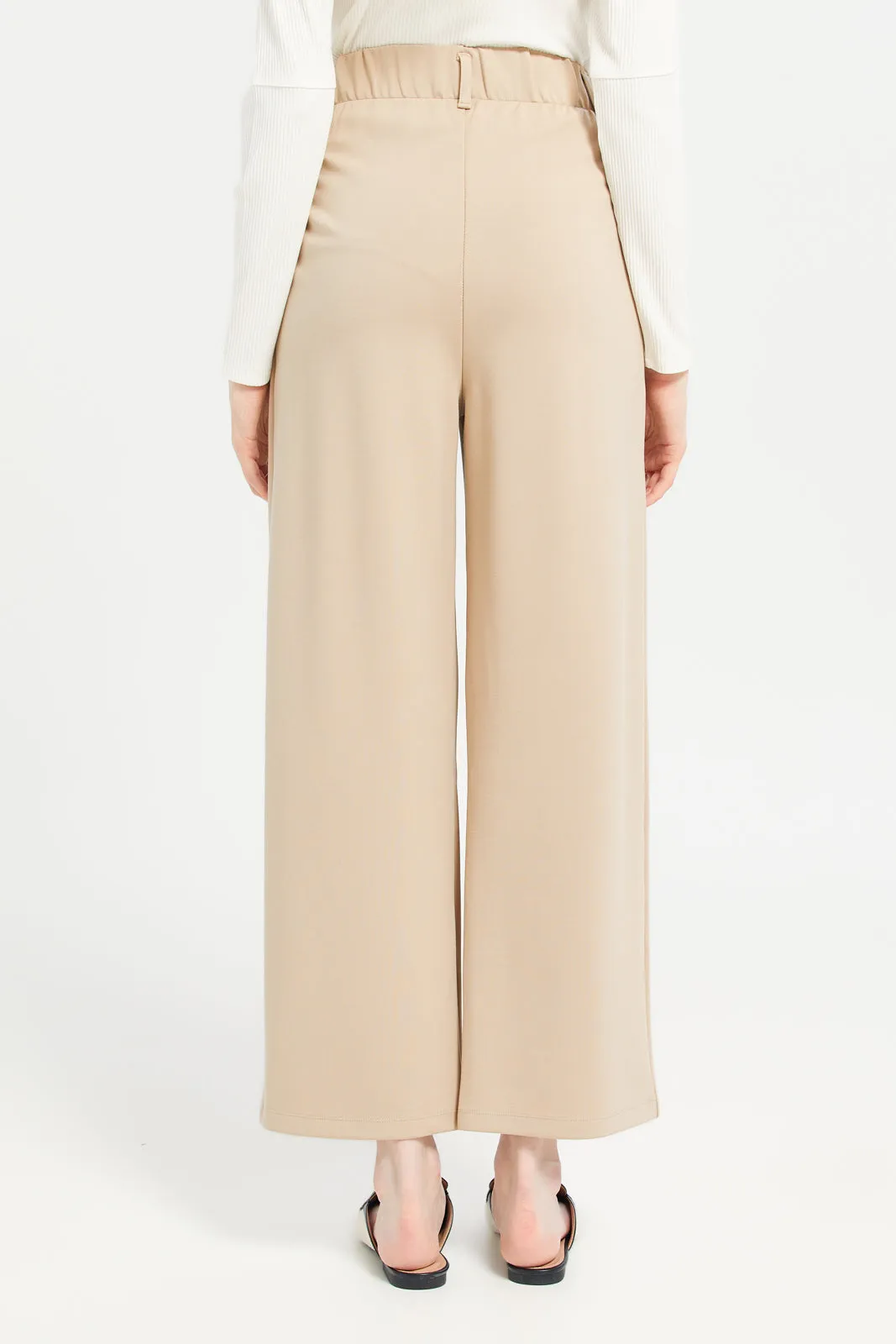 Women Beige High Waist Plain Trouser